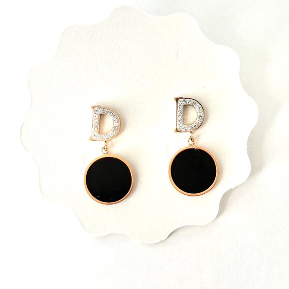 Gold tone Letter D with black drop Dangle Statement Earrings White Stones NWT - Picture 5 of 6
